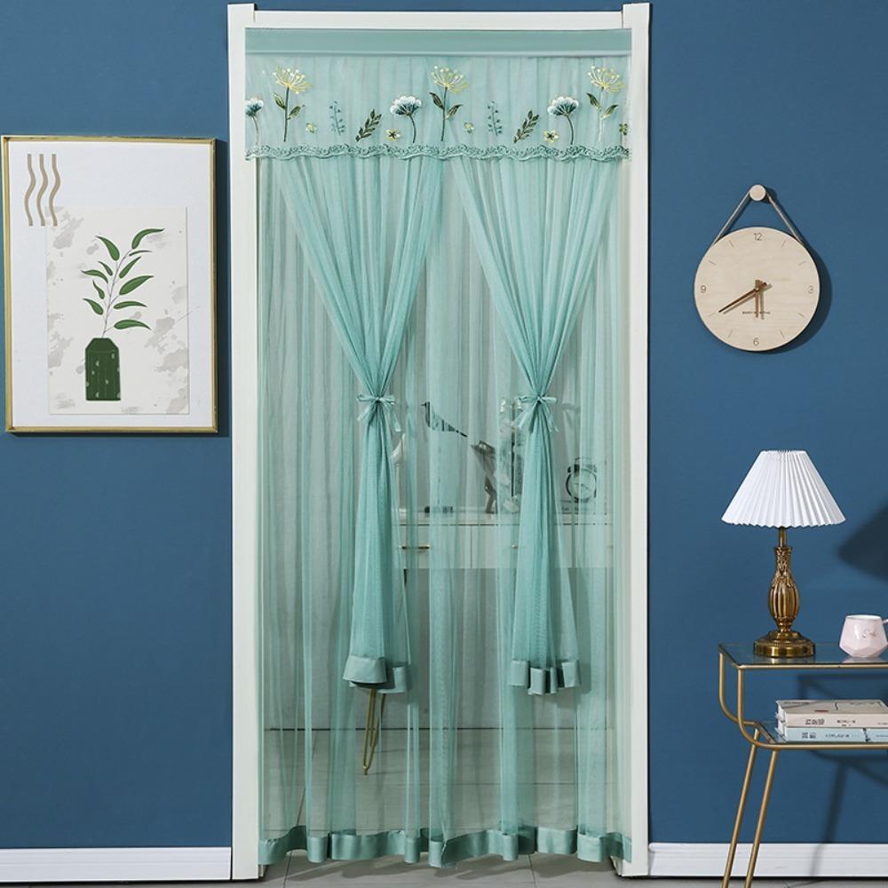 Punching Free Lace Embroidered Door Curtain Breathable Mesh Door Drapes Girl Room