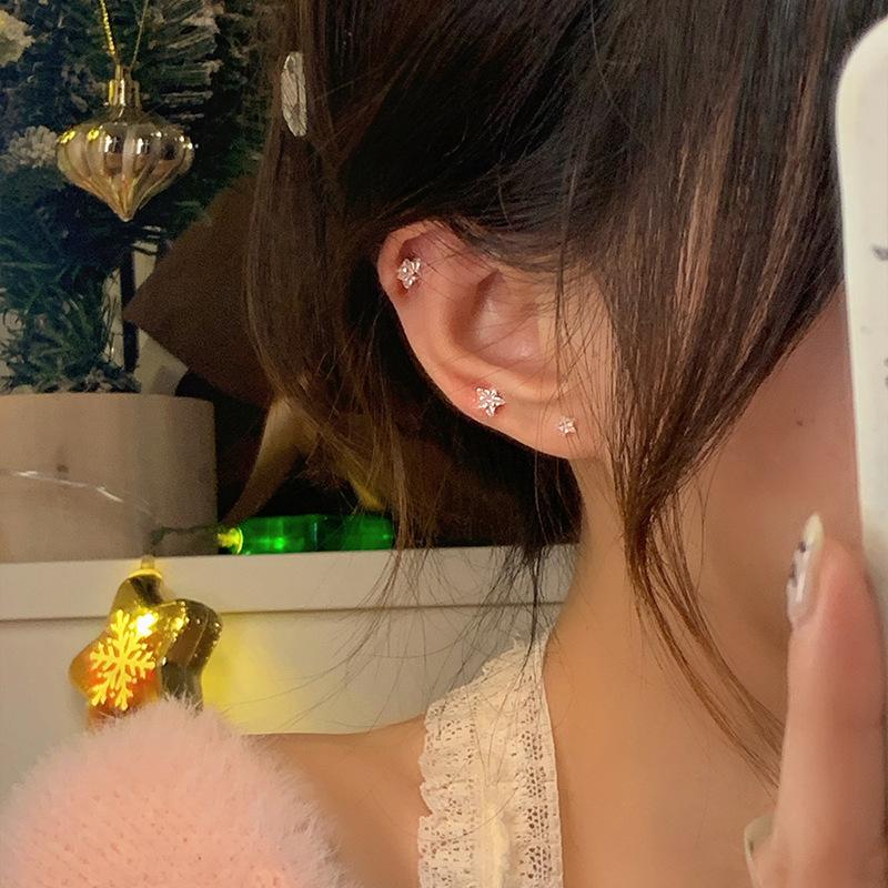 S925 Посеребренные серьги МИНИ-пирсинг Пусет «Улитка» Серьги-гвоздики «Сладкая крутая яркая звезда» Компактные серьги-гвоздики с пятиконечной звездой из циркона