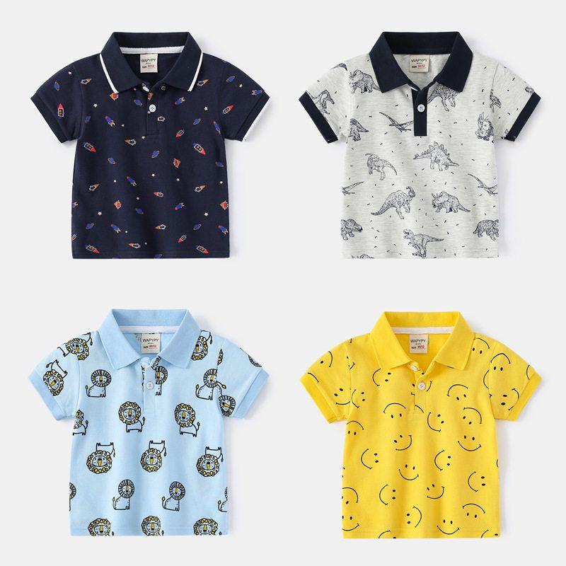 Boys' Half-Sleeve Polo Shirt, Summer Children's Clothing, Kids' Short-Sleeve T-Shirt with All-Over Dinosaur Print, Baby Boy Rocket Shirt