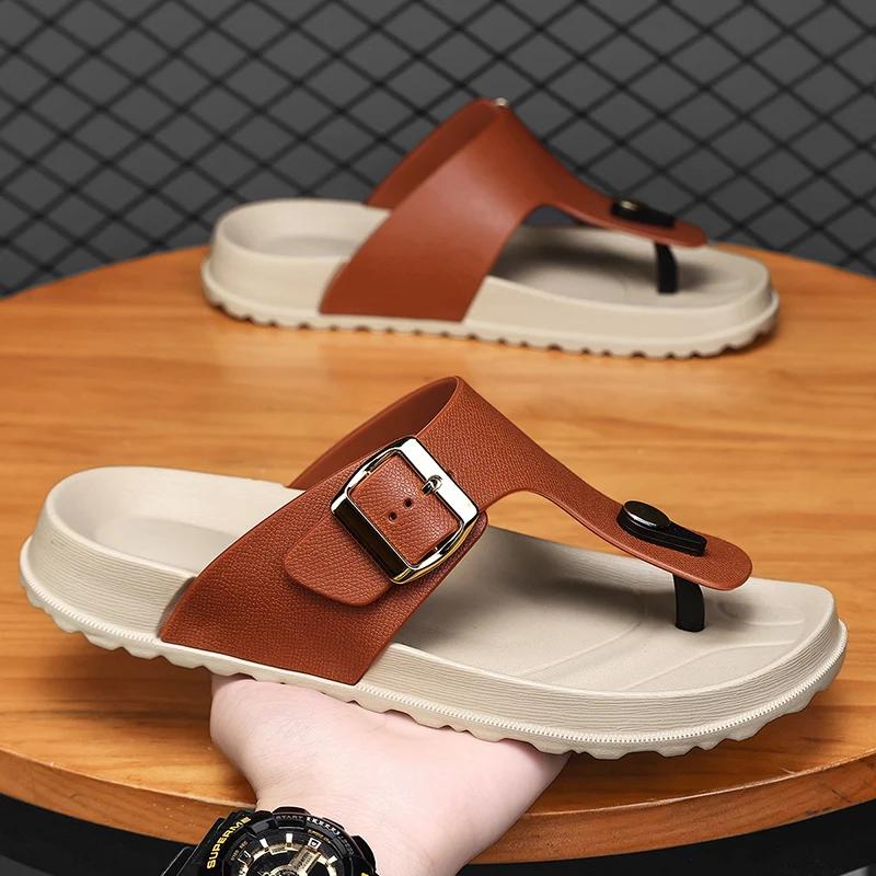 Fashion Leather Men's Sandals Summer Casual Flat Bottom Thong Slippers Beach Shoes Soft Sole Indoor Outdoor Slip-On Footwear