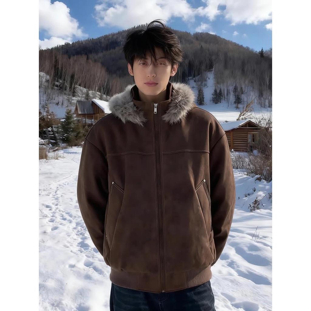 Мужская рабочая куртка в стиле ретро, цвет кофе, с потертостями, из хлопка с текстурой под кожу личи, с длинным меховым воротником и капюшоном, тяжелое зимнее пальто.