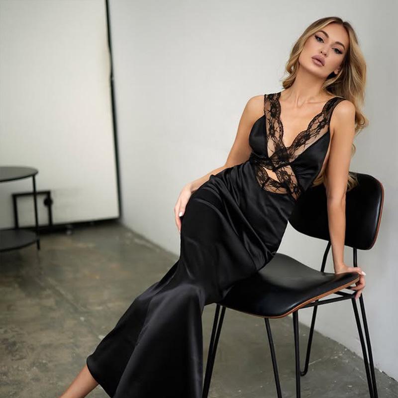 Женское атласное кружевное летнее платье-майка без рукавов с вырезами