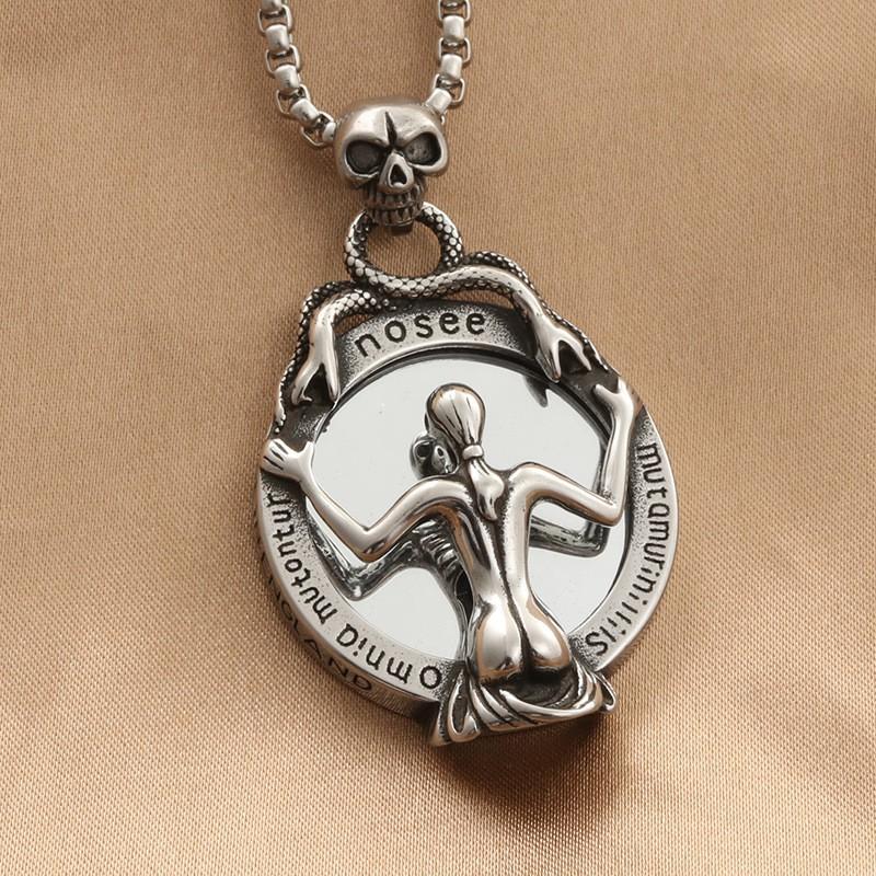 Stainless Steel Skull Mirror Pendant Necklace Men Women Vintage Punk Geometric Charm Jewelry Gift