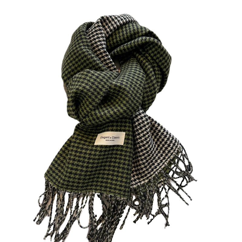 Women's Nordic Simple Houndstooth Plaid Scarf, English Shawl, Reversible Tassel Check Scarf