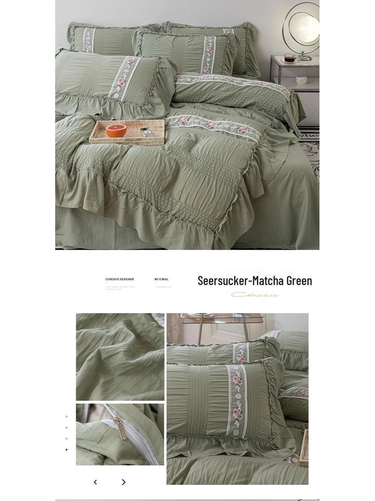 French Seersucker Embroidered Lace Duvet & Sheet Set, 3-Piece Bedding