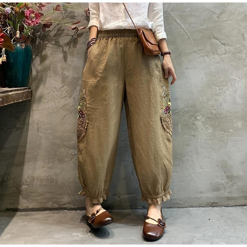 Женские летние винтажные вышитые лоскутные брюки кружевные фонарики Nine Minute брюки