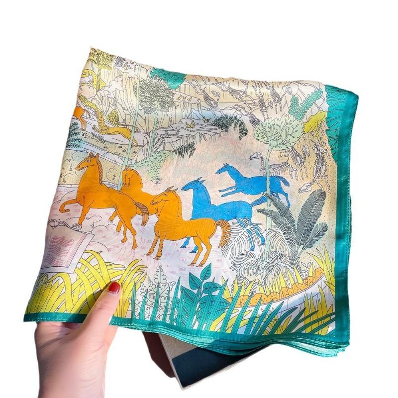 Spring New Plain Crepe Satin Horse Jungle Printing Silk Square Scarf Women's Fashion Versatile Mulberry Silk Scarf