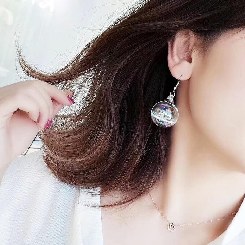 Charm Women Girls Transparent Glass Ball Pendant Long Earrings Gold Color Chain Earring Studs