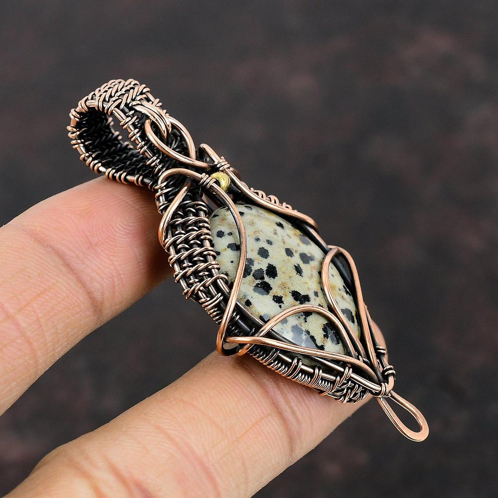 Кулон из далматинской яшмы, обернутый медной проволокой, подвеска ручной работы, драгоценный камень, медные украшения, стильный кулон для подарка, проволочная обмотка, ювелирные изделия