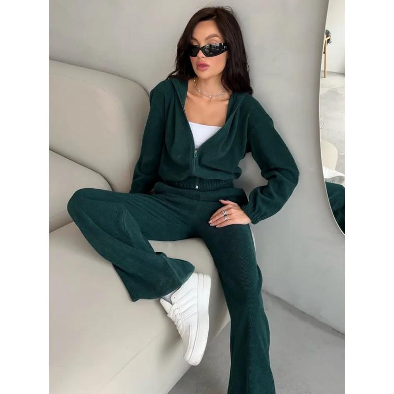 Womens Casual 2-Piece Set Long Sleeve Hooded Top Elastic Waist Wide Leg Pants Pure Color Streetwear