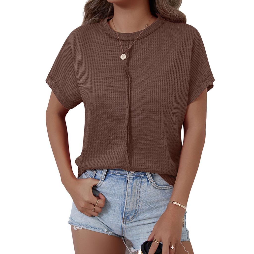 Women's Fashion Solid Color Round Neck Short Sleeved Pullover Casual T-shirt Top