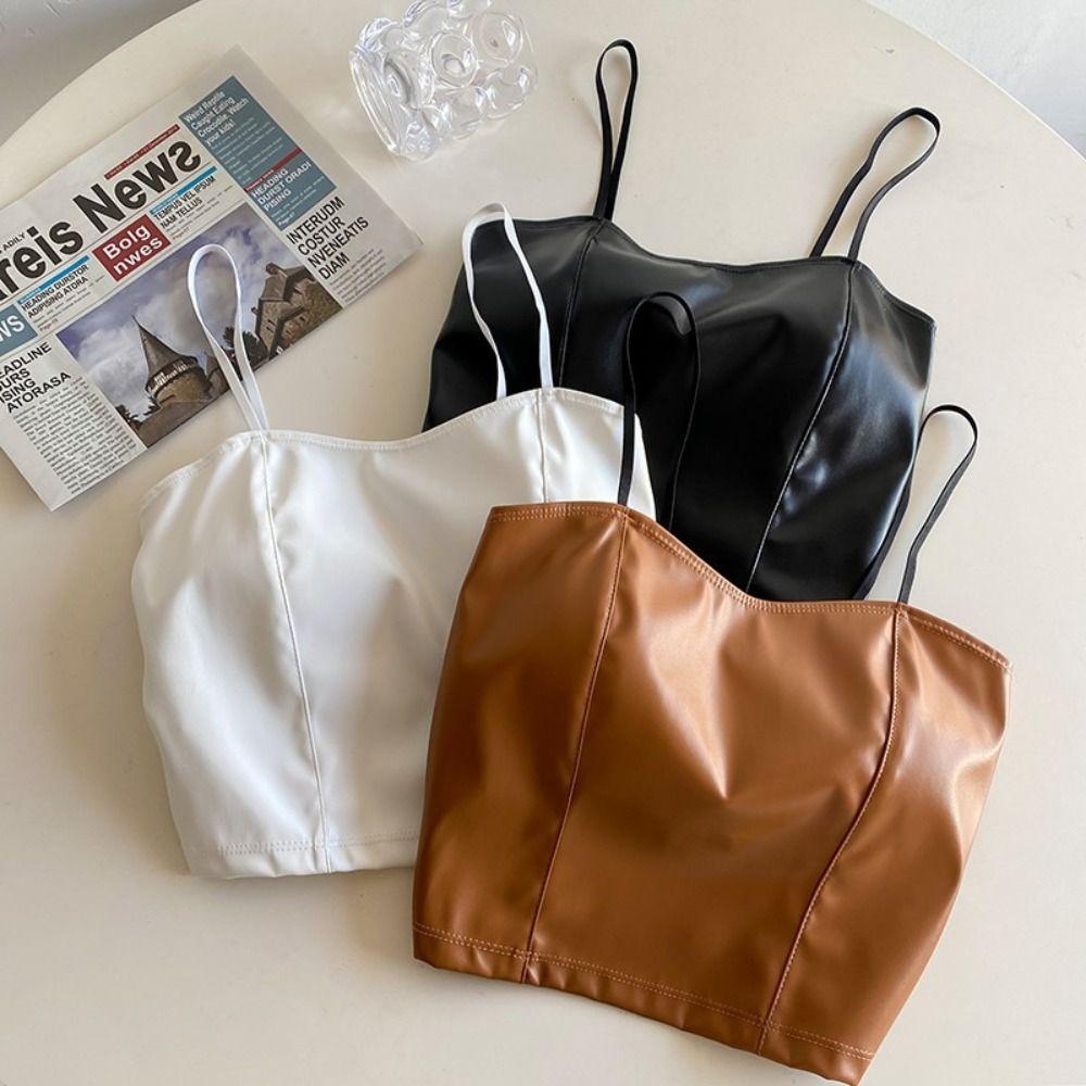Женский топ-бюстгальтер из ПУ Camisoles Bralette Тонкая бретелька Бюстгальтер Соблазнительный и невинный Топ-майка Девочки