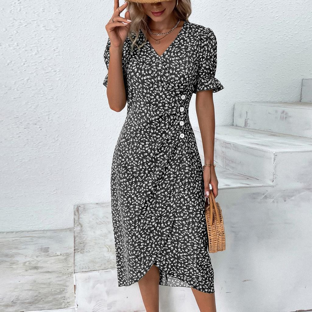 Women's Summer Casual Dress V Neck A-line Boho Ditsy Floral Flounce Sleeve Wrap Hem Dress