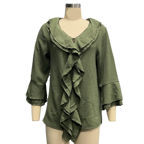 Women Shirt V-Neck 45355 Flying Sleeve Ruffle Stitching Design Solid Color Pullover Tops Loose Fit Casual