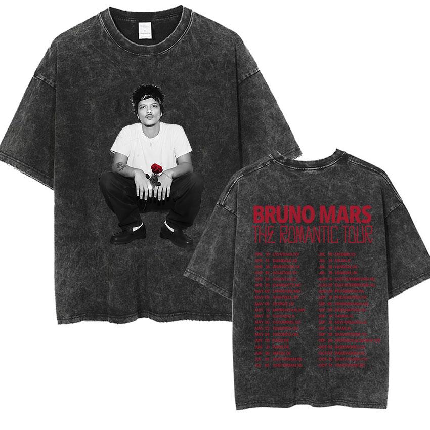 Bruno Mars The Romantic Tour 2026 Vintage Washed T Shirts Mens Women Punk Gothic Fashion Cotton Short Sleeve TShirt Streetwear