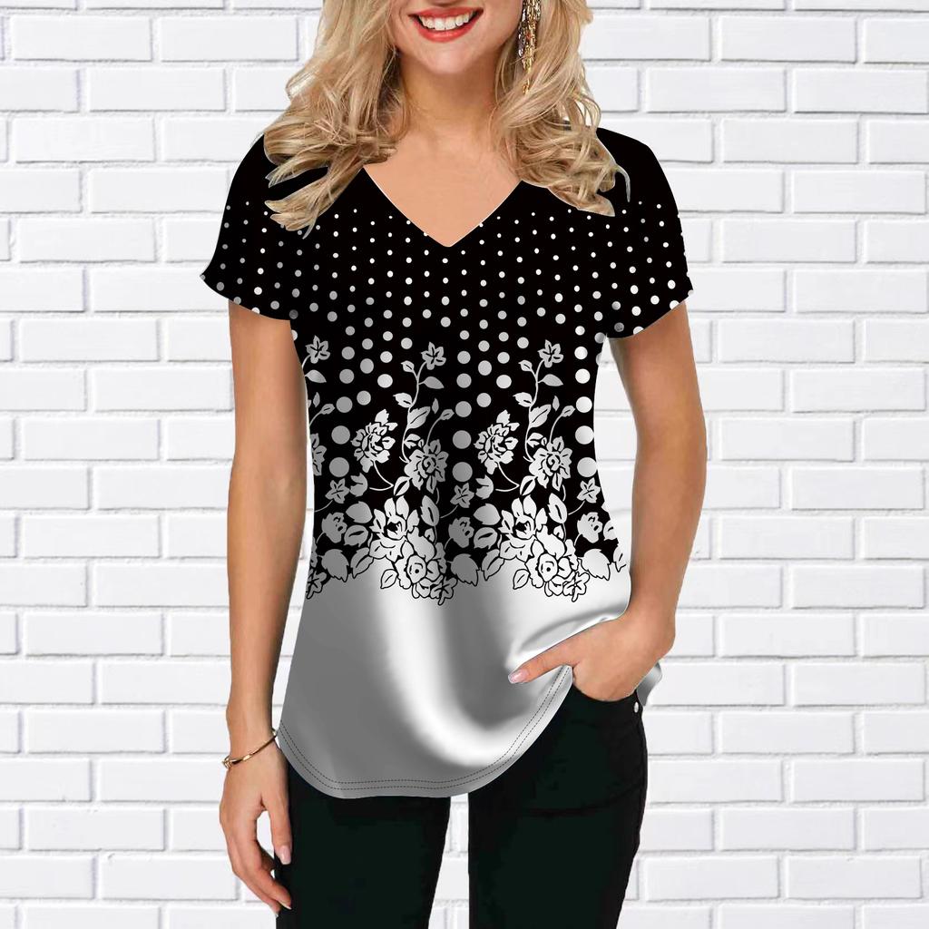 Женские топы с v-образным вырезом и короткими рукавами, подсолнечник, синие цветы, принт, свободная футболка, повседневная блузка