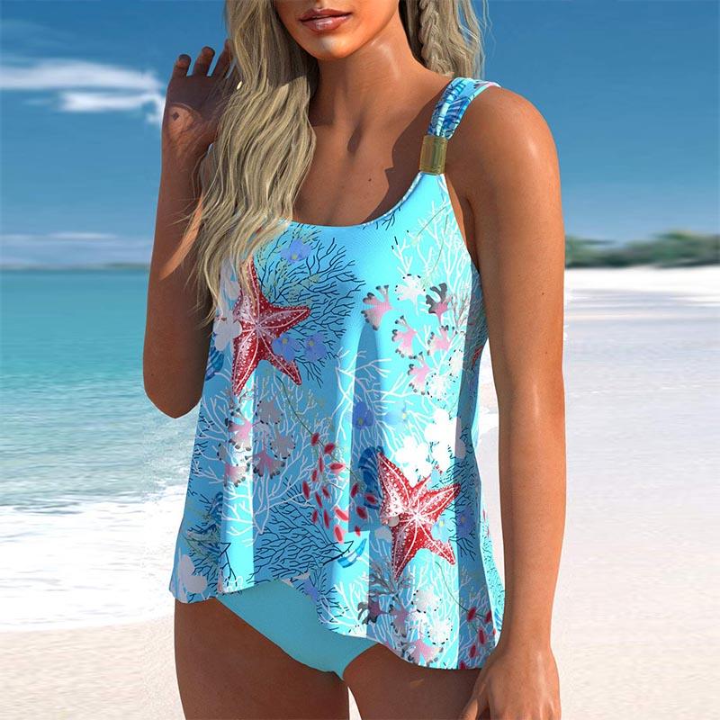 Women's Shoulder Strap Swimsuit with Undersea Plant Print Bikini Short Tank Top Swimsuit