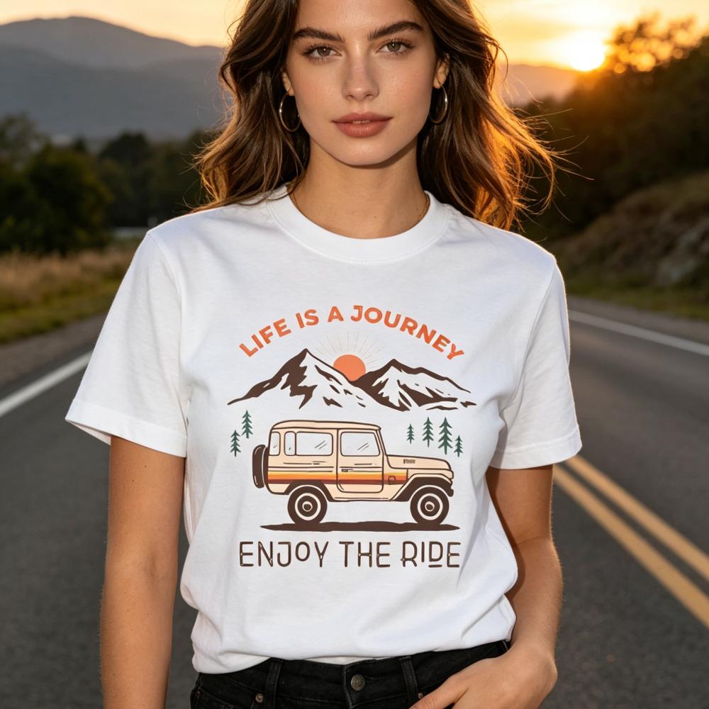 Road Trip Travel Lover Gift TShirt Retro Life Is A Journey Enjoy The Ride Mountain Sunset Top Outdoor Wilderness Adventure Tee