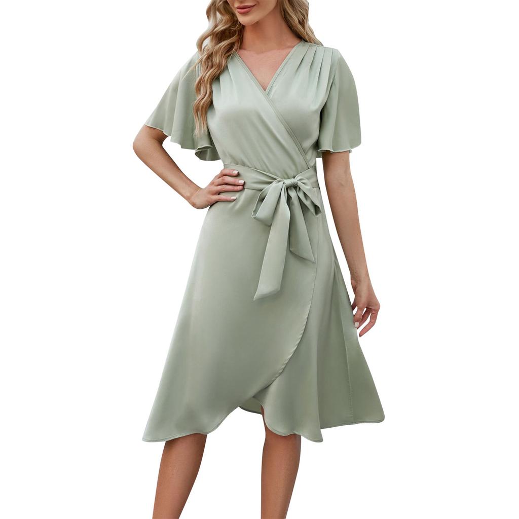 Летнее женское атласное удобное и сексуальное платье с v-образным вырезом и расклешенными рукавами на талии