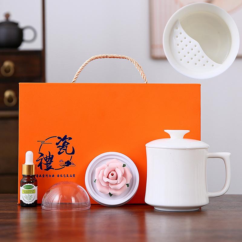 Guochao aromatherapy porcelain flower Dehua suet jade office cup teacup gift box for girlfriends and ladies with gifts for customers