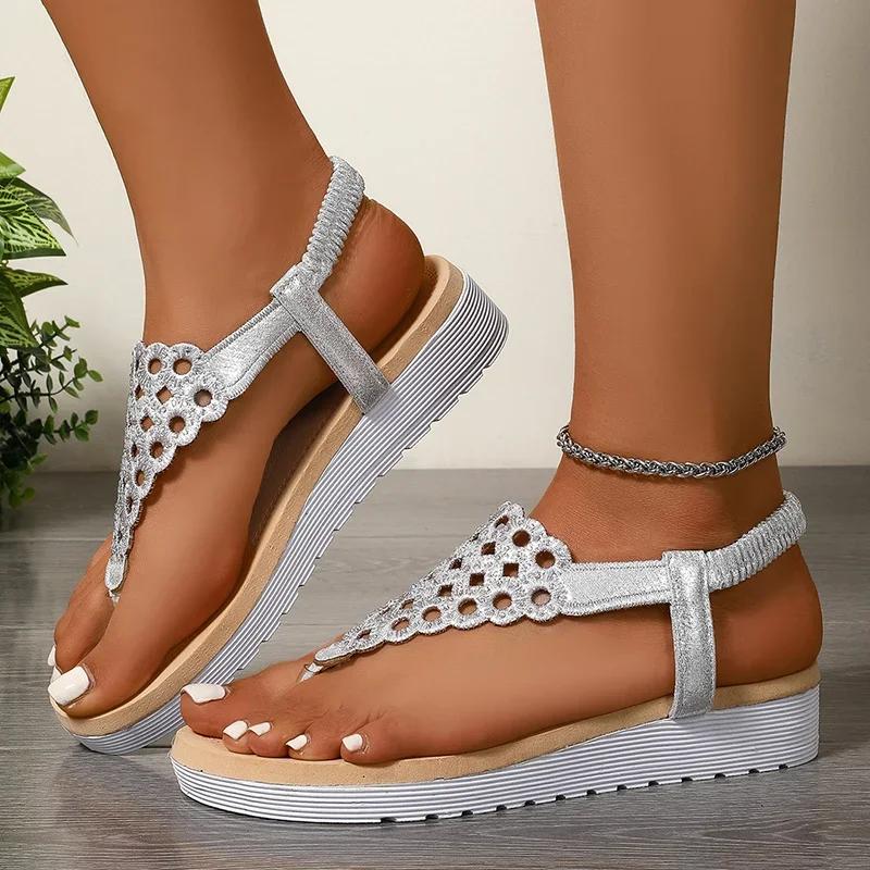 Fashion 2025 Summer Fashion Women's Clip Toe Platform Sandals Silver Cut Out Wedge Heels Sandalias Mujer Beach Casual Thick Flip Flops
