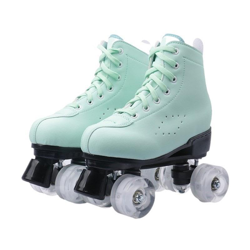 Adult Men's and Women's Double Rows of Leather Models Green Skates Four Roller Skates Pink Purple Flash Wheel Double Rows of Roller Skates