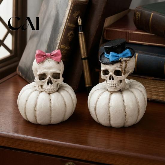 Halloween Skull Decorations Gothic Pumpkin Statue, Bride Groom Figurine, Pink Statue Bow on Ornament for Desktop Mantel Decor Unique Party Supplies