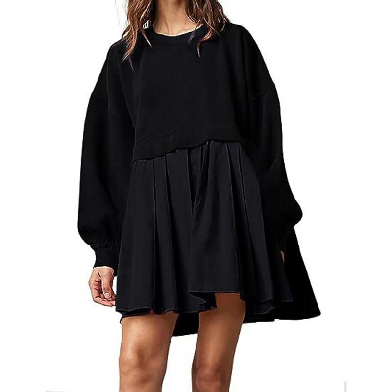 Осеннее новое свободное повседневное платье с длинным рукавом, женское элегантное лоскутное однотонное платье А-силуэта больших размеров, женское круглое шею, винтажное сексуальное короткое платье для вечеринки 25171