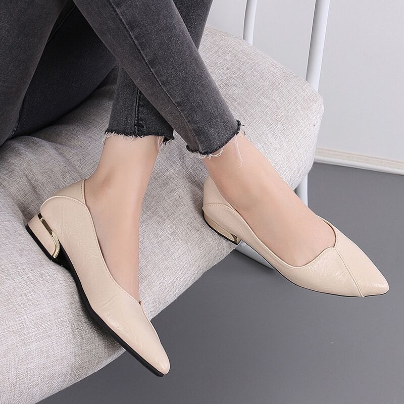 Single Shoe Women's Flat Bottomed Spring Thick Heel Pointed Leather Shoes Women's Work Shoes Lazy Shoes