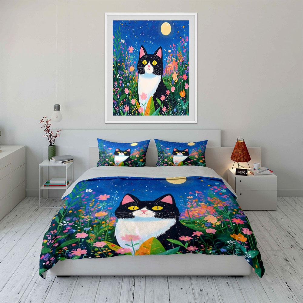 Black Cat and Red Fish Design Bedding Duvet Cover Set Duvet Cover Pillowcases (1*Duvet Cover 2*Pillowcases, without duvet insert)