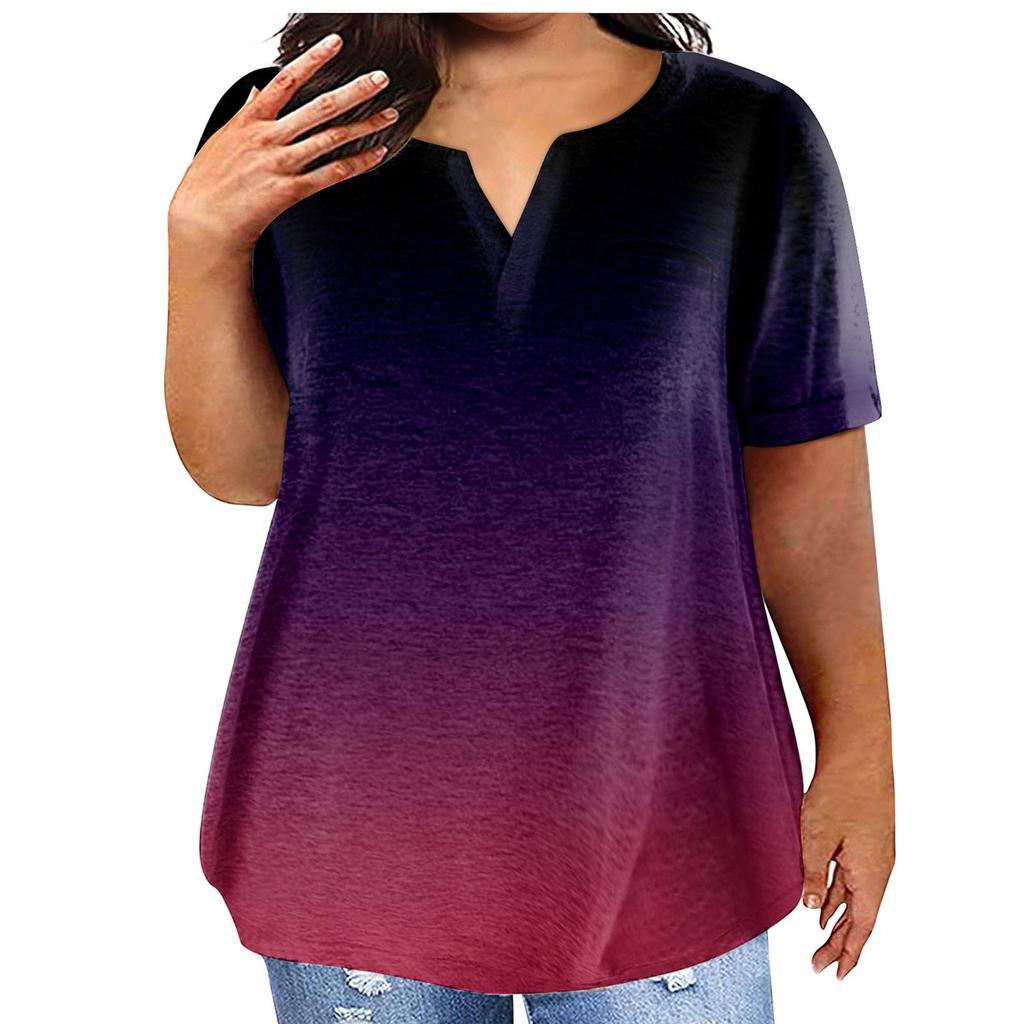 Fashion Plus Size Women's Casual Short Sleeve Round Neck Gradient Print T-shirt With Pockets