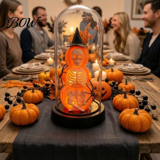 Halloween Souvenir Decor Pumpkin Skeleton Cloche Lamp, Lighted Stacking Skull in Clear Atmosphere Night Light Dome with Witch Hat for Tabletop Mantel,