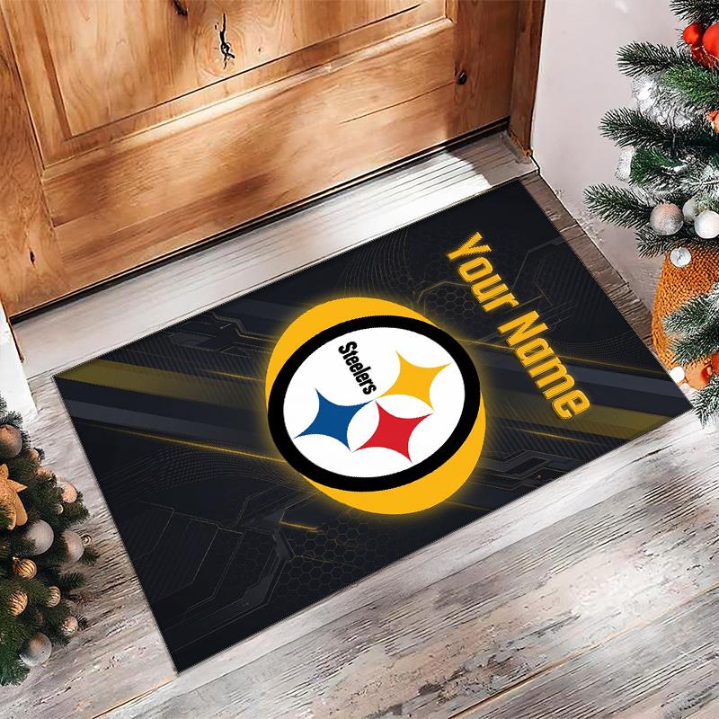 Pittsburgh Steelers Crystal Velvet Rug, Custom Name Text Personalized Non‑Slip Floor Mat for Home Decor Gift