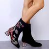 New 2024 Fashion Winter Women Boots Embroidered Mid Calf Plush Motorcycle Boots Zipper Square Heel Warm Ladies Botas Mujer Yu89