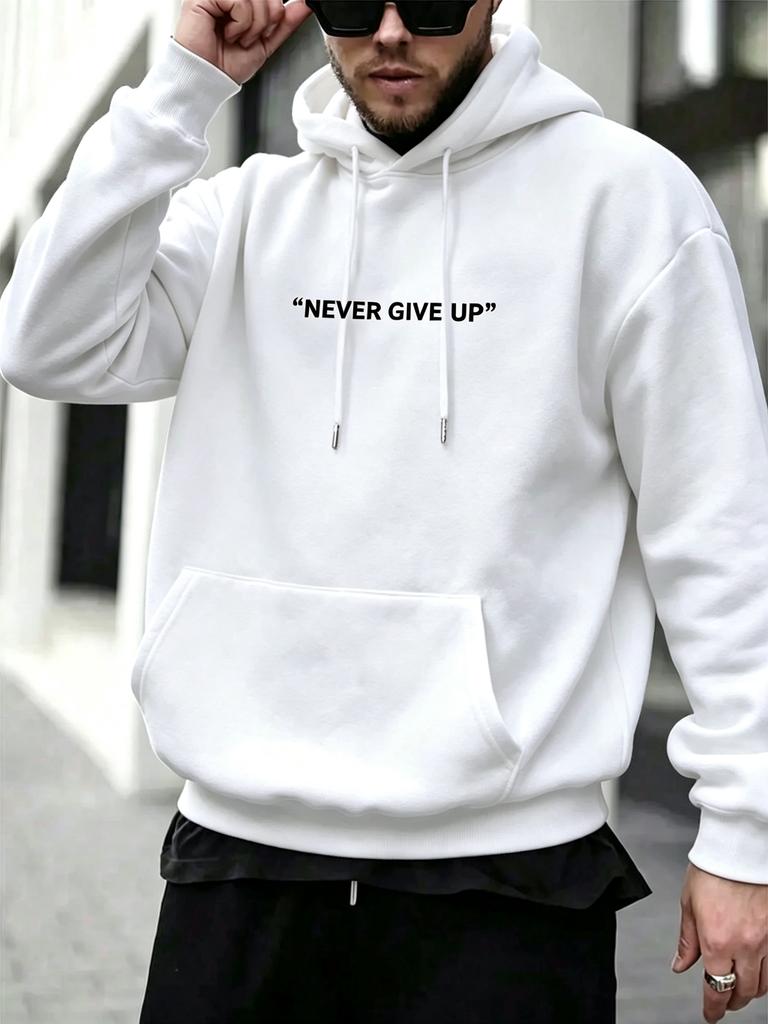 2026 New Unisex Never Give Up Letter Print Hoodie Autumn Winter Streetwear Front Text Loose Hooded Sweatshirt