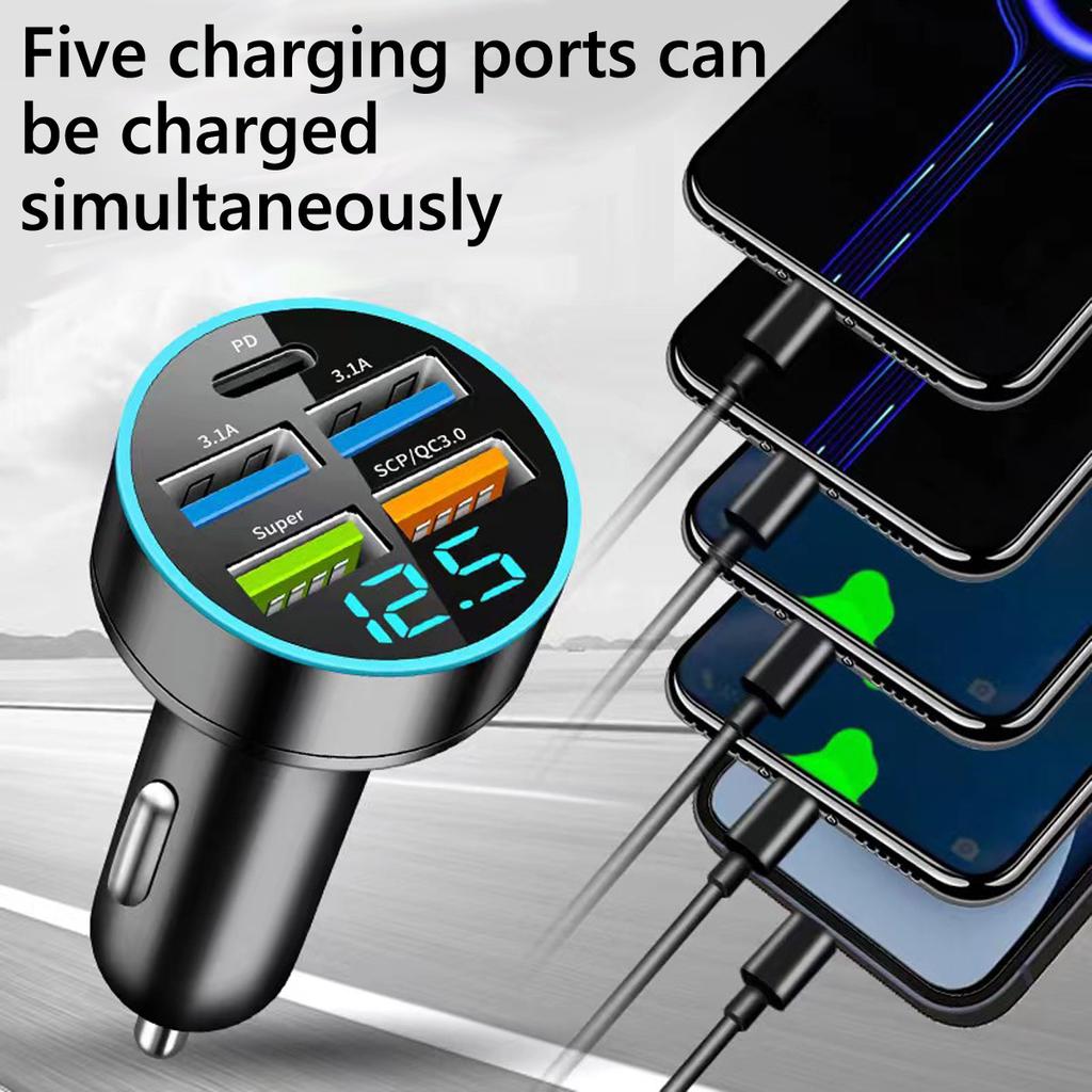 Car Charger 5 Ports USB Super Fast Charging Intelligent Charging Voltage Detection Digital Display Car Adapter Phone Charger