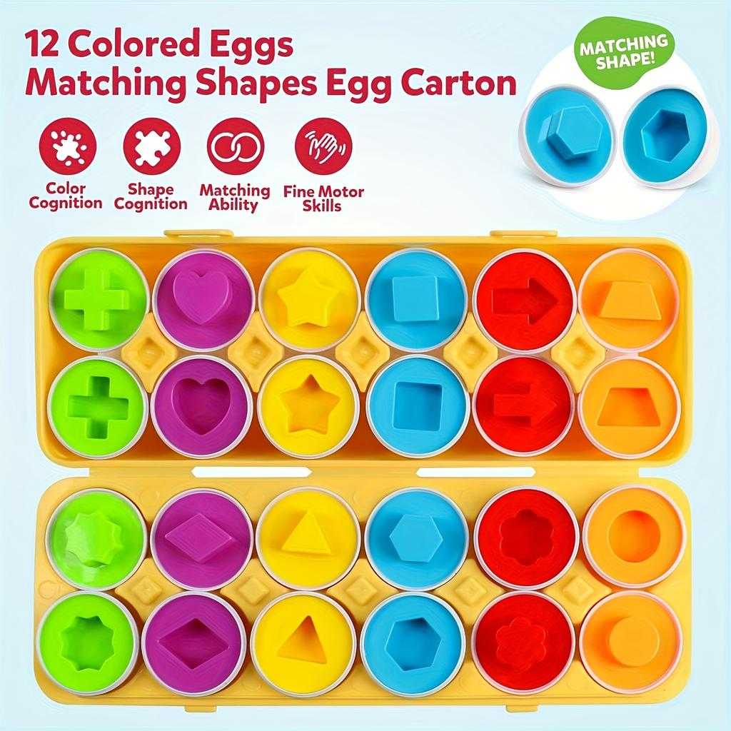 12pcs Set Egg Matching Game Toy Color Shape Recognition Sorter Puzzle Toy for Toddlers Easter Travel Game Early Learning Educational Fine Motor Skill