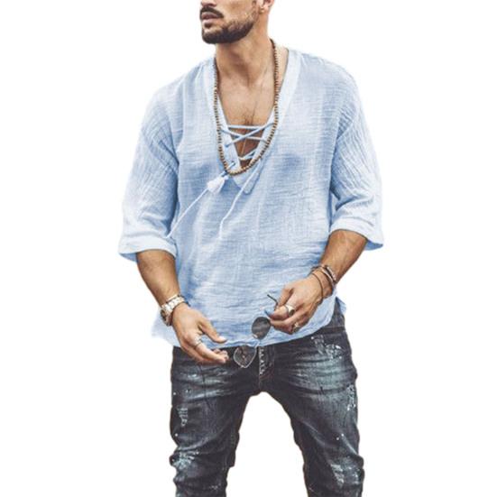 Мужская повседневная хлопково-льняная рубашка с полурукавом, V-образным вырезом и шнуровкой, футболки в богемном винтажном пляжном летнем стиле