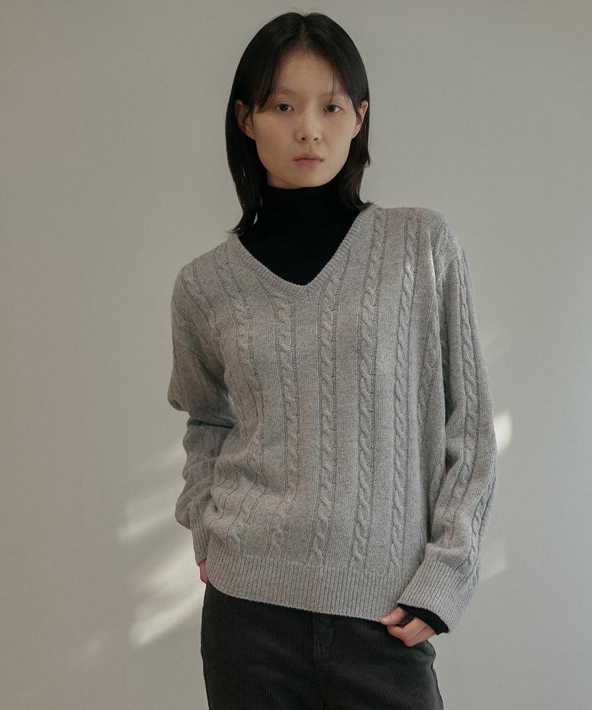 LAMINEZ V-Neck Wool Cable Knit - Gray