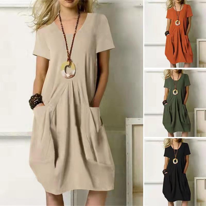 Summer Casual Women's High Waist Dress Short Sleeve Dresses for Female Solid Color Dress Round Necked Dress Loose Dress With Pocket Commuter Dresses