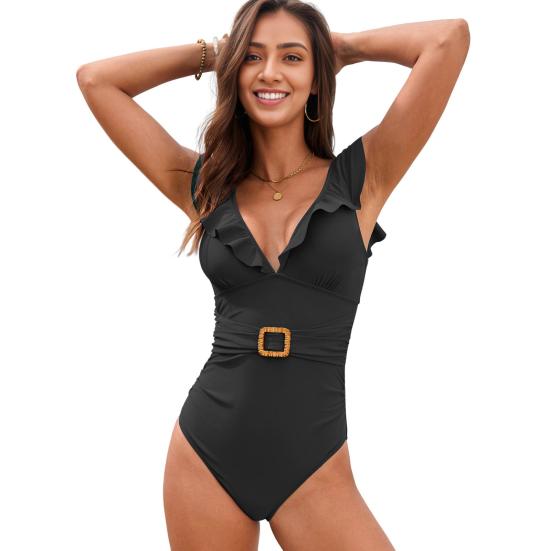 Женский бикини с воланами, сексуальный цельный купальник с глубоким V-образным вырезом, облегающий, с высоким вырезом, купальники для женщин, пляжа, бассейна, серфинга