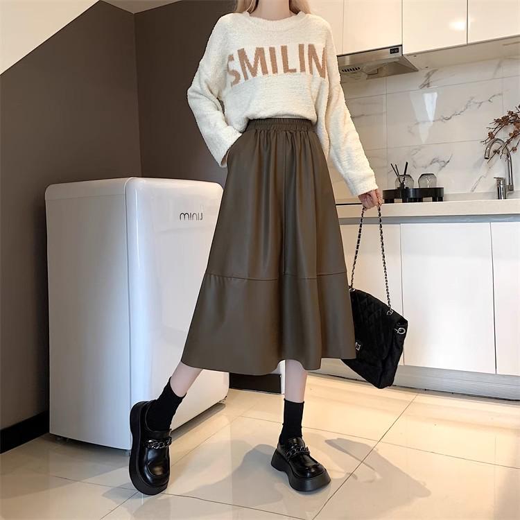 2024 High Waist A-line Leather Midi Skirt for Women - Autumn/Winter Slimming Umbrella Skirt