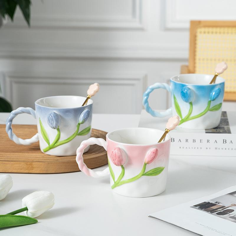 Three-Dimensional Relief Tulip White Porcelain Ceramic Water Cup Coffee Cup Souvenir Gift