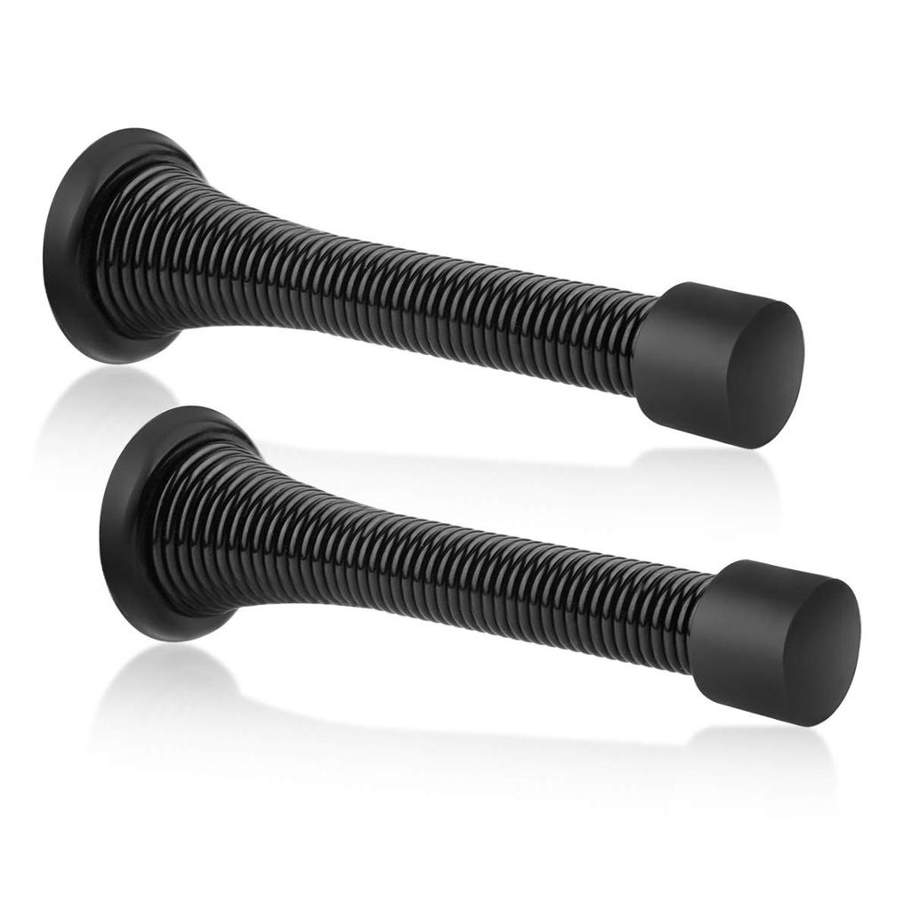 2 Pack Spring Door Stops Black- 3-1/4" Flexible Spring Door Stopper with Black Rubber Bumper Tips