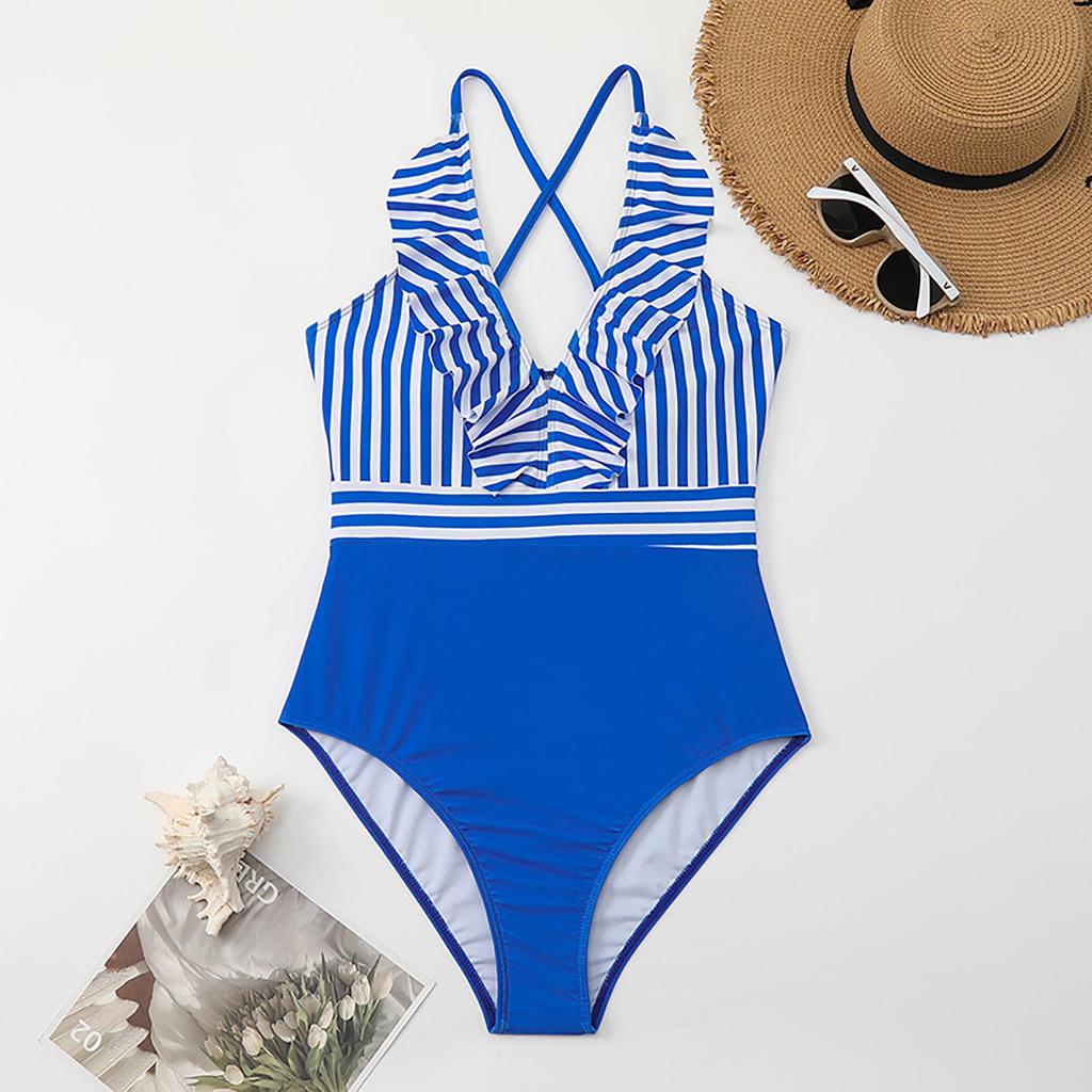 Летний женский цельный купальник с подушечками на груди без стального бюстгальтера, купальник бикини в полоску с принтом и оборками по краям