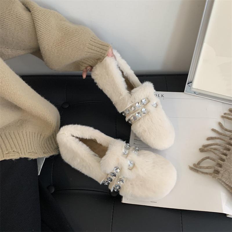 Модные роскошные меховые мокасины с крупными бусинами и кристаллами, женские зимние элегантные теплые туфли на плоской подошве для женщин, удобные плюшевые туфли без застежек на каждый день