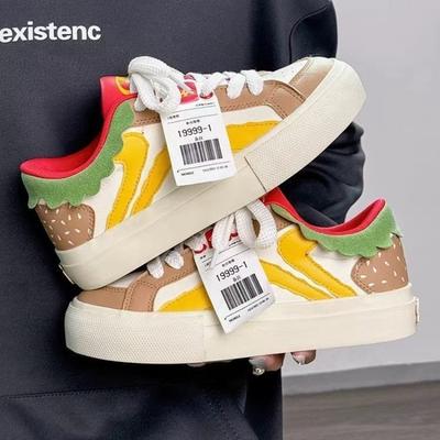 Весенняя, Летняя, Осенняя и Зимняя Женская Обувь, Женские Кроссовки, Белая Обувь, Стиль Гамбургера, Низкие Кроссовки с Круглым Носком на Шнуровке