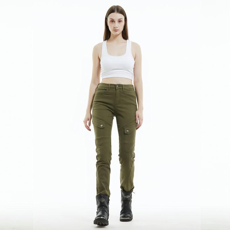 VOLERO Womens Motorcycle Riding Pants Retro Casual Biker Cargo With Silicone Knee Pads Army Green
