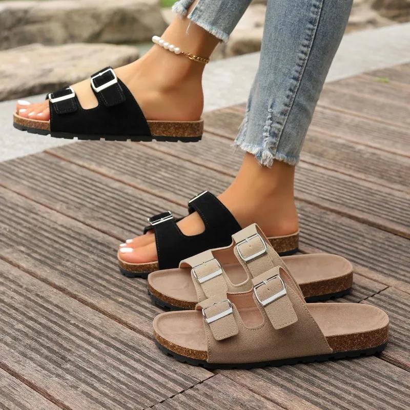 2024 Высокое Качество Женская Обувь Лето Новинка Однотонные Босоножки с Открытым Носком Женские Балетки Мода Большой Размер Римские Женские Шлепанцы
