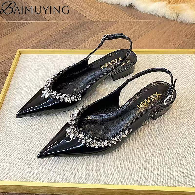 Crystal Sexy Pointed Toe Mid Heels Sandals Women Shoes Slingback Summer 2o25 Trend Dress Leather Pumps Elegant Party Sandalias
